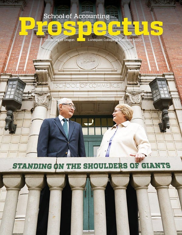 Cover of the 2024 Accounting Prospectus, featuring Steve Matsunaga and Robin Clement standing in front of the entrance to the Anstett building